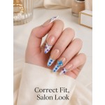 Blue Plaid 3D Butterfly Press‑On Nails, Fresh Medium‑Long Almond False Nails With French Floral Pattern